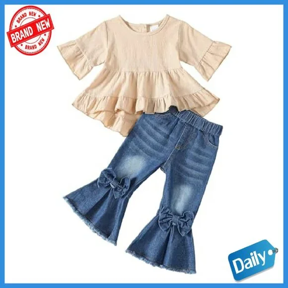 Toddler Girls Denim Outfit 2-Piece Set Long Sleeve Top Flare Jeans